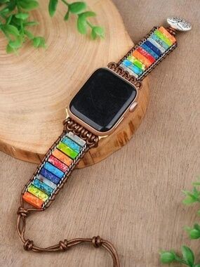 7 Rainbow Gemstone Adjustable Leather Watch Band Strap • Fits 38/40/41mm